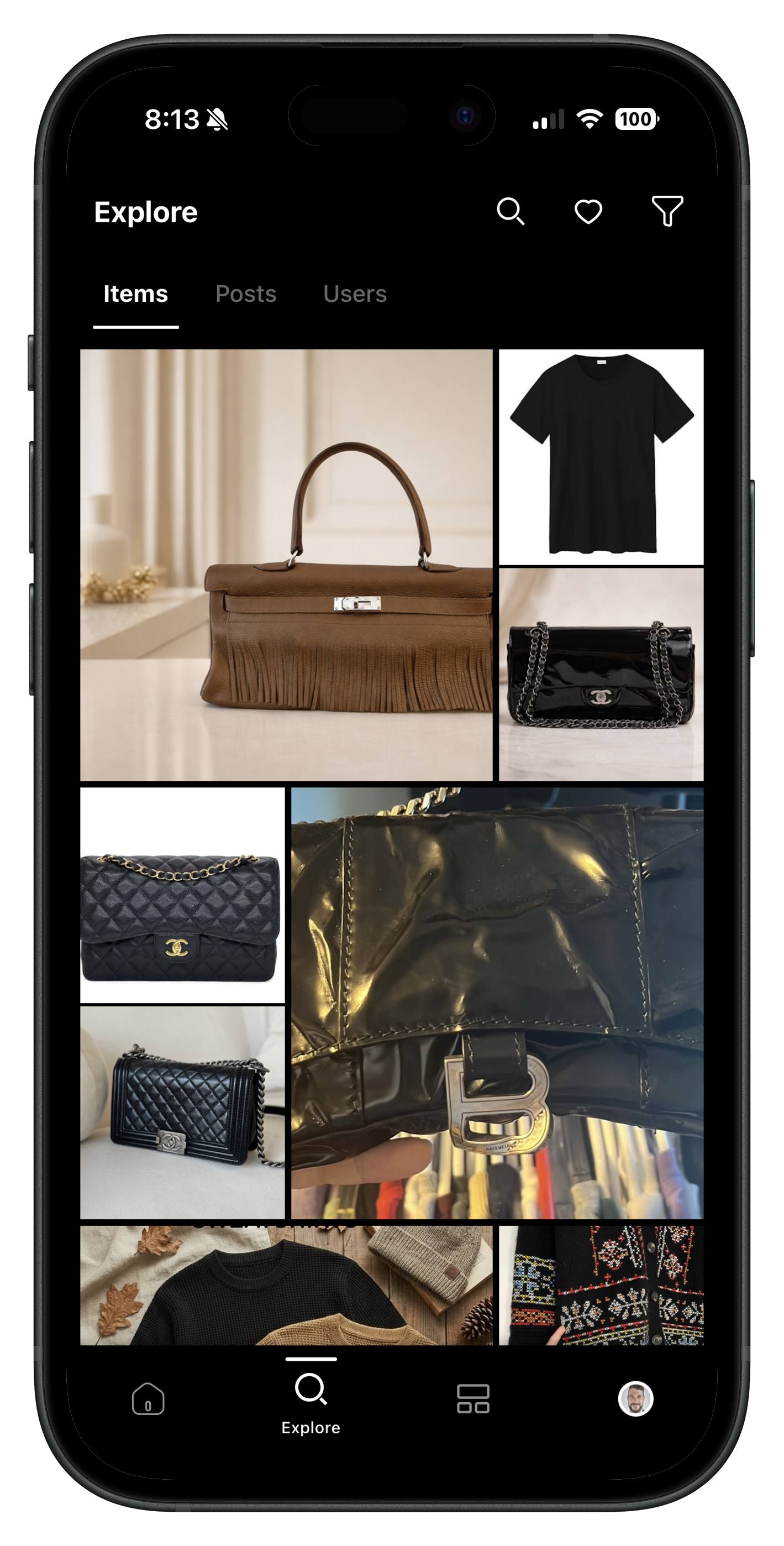 Verifind app explore screen on iPhone showing curated designer fashion listings