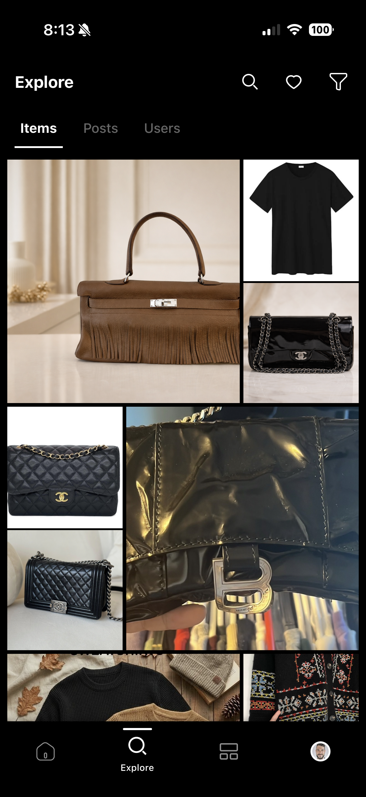 Verifind app explore page – browse authenticated designer shoes, bags and accessories