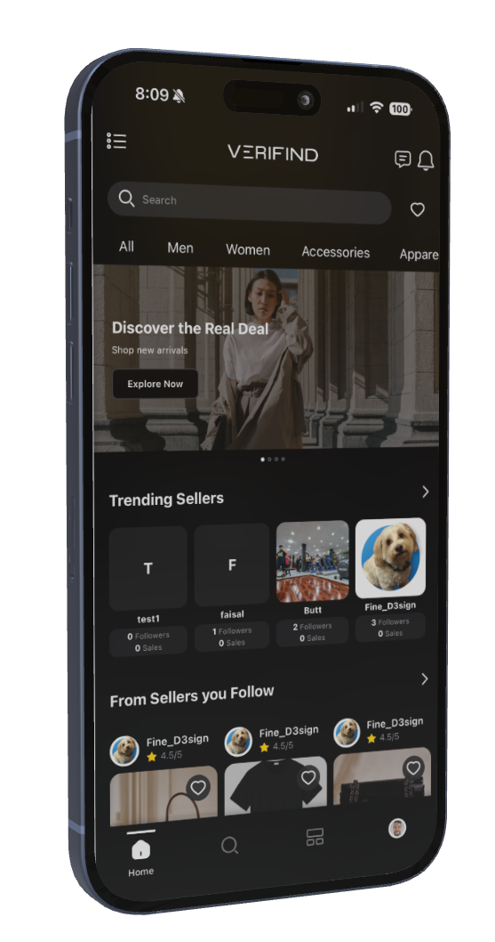 Verifind iPhone app – luxury designer fashion marketplace home screen
