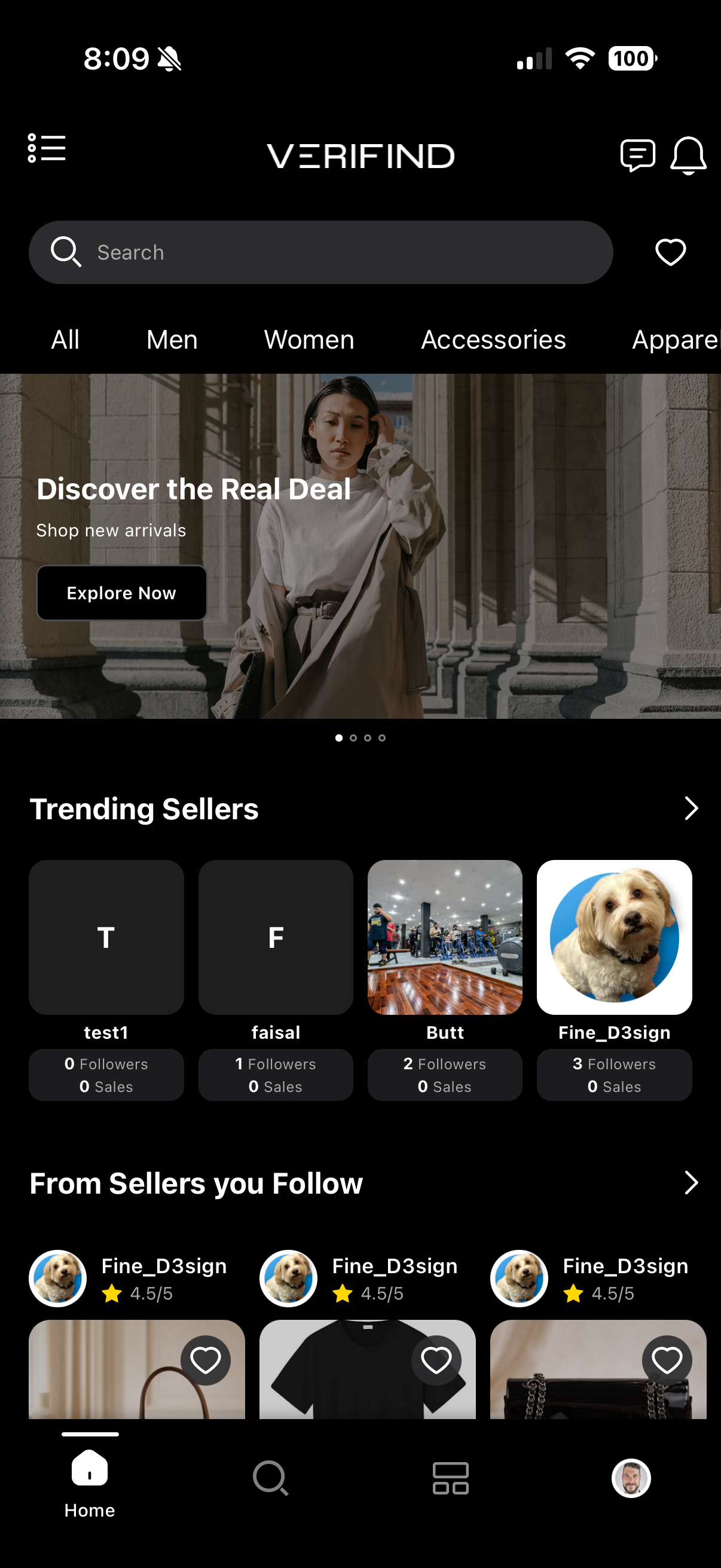 Verifind app home screen – curated luxury fashion marketplace for iPhone